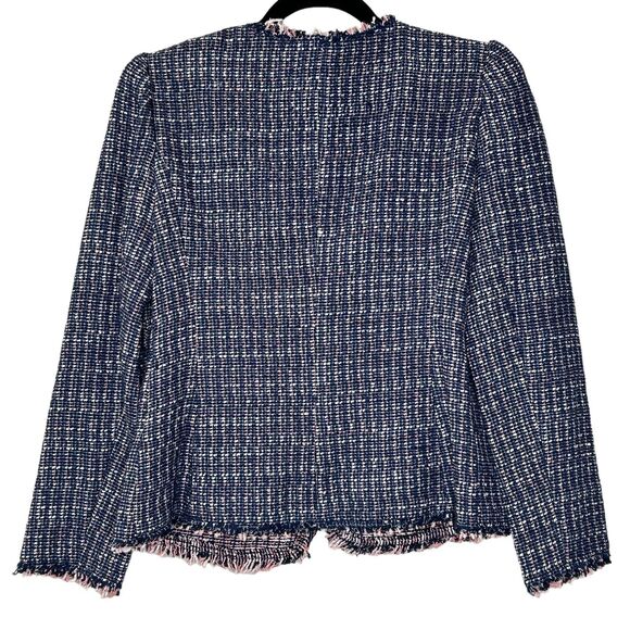 Rebecca Taylor Tweed Open Front Blazer Frayed Trim Navy w/ Pink & White Small - Picture 8 of 11